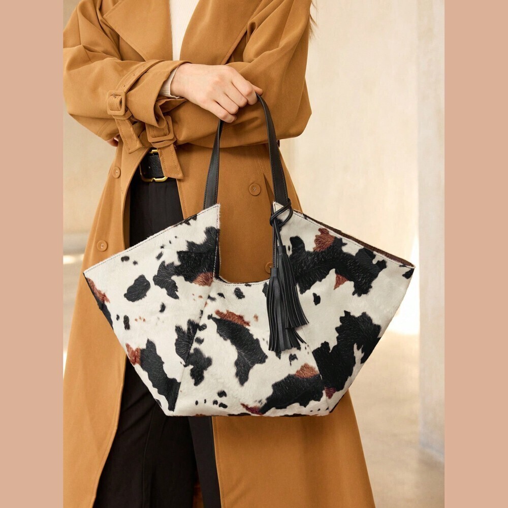 Black White Cow Print Fur Tote Bag with Tassel Charm and Handles